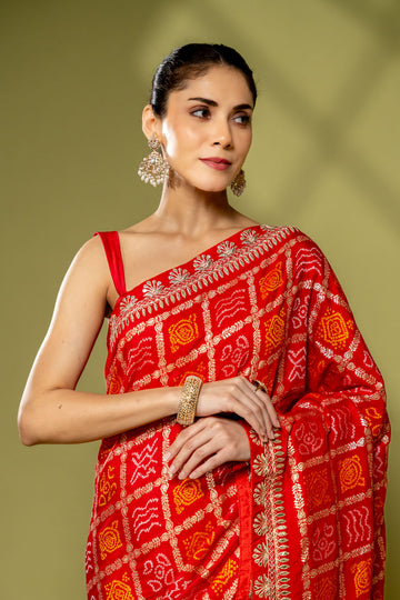 Red Cotton Embroidered Saree With Unstitched Blouse