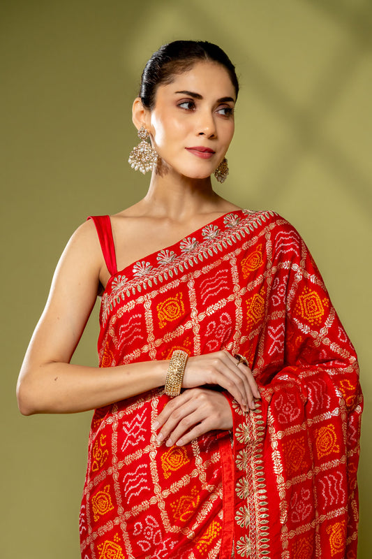 Red Cotton Embroidered Saree With Unstitched Blouse