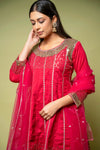 Red Cotton Readymade Suit With Dhoti Style Pant & Net Dupatta