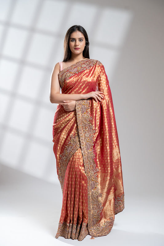 Red Banarasi Silk Saree With Unstitched Blouse