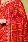 Red Cotton Embroidered Saree With Unstitched Blouse