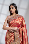 Red Banarasi Silk Saree With Unstitched Blouse