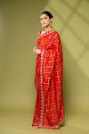 Red Cotton Embroidered Saree With Unstitched Blouse