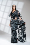 Grey Black Organza Embroidered Saree With Readymade Blouse