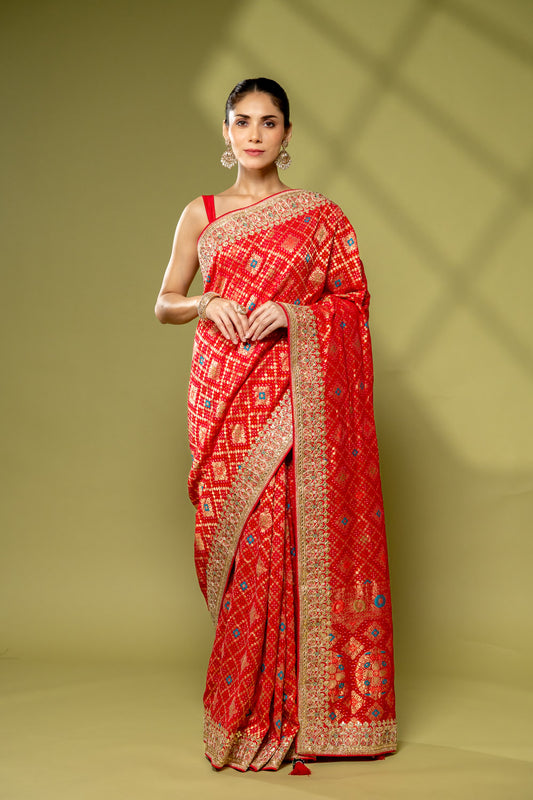 Rani Khaddi Georgette Embroidered Saree With Unstitched Blouse