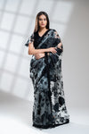 Grey Black Organza Embroidered Saree With Readymade Blouse