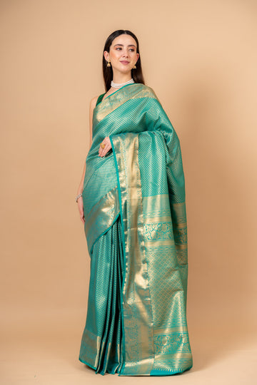 Soft Hues Rama Banarasi Silk Saree With Unstitched Blouse