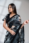 Grey Black Organza Embroidered Saree With Readymade Blouse
