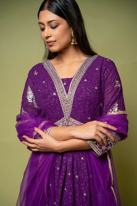 Purple Georgette Floor Length Readymade Suit With Net Dupatta