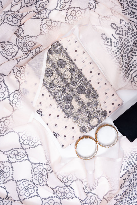 Off White Black Cotton Unstitched Salwar Suit With Cotton Dupatta