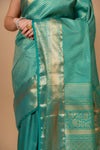 Soft Hues Rama Banarasi Silk Saree With Unstitched Blouse