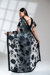 Grey Black Organza Embroidered Saree With Readymade Blouse