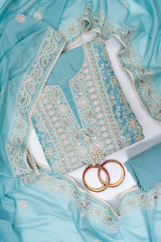 Tea Green Cotton Unstitched Salwar Suit With Cotton Dupatta