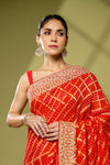 Red Khaddi Georgette Embroidered Saree With Unstitched Blouse