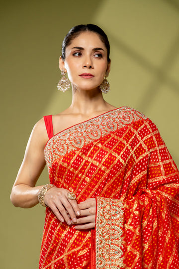 Red Khaddi Georgette Embroidered Saree With Unstitched Blouse