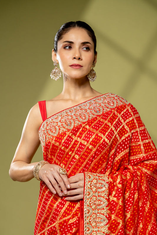 Red Khaddi Georgette Embroidered Saree With Unstitched Blouse