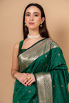 Bottle Green Banarsi Woven Silk Saree With Unstitched Blouse