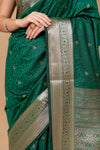 Bottle Green Banarsi Woven Silk Saree With Unstitched Blouse