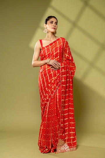 Red Georgette Embroidered Saree With Unstitched Blouse