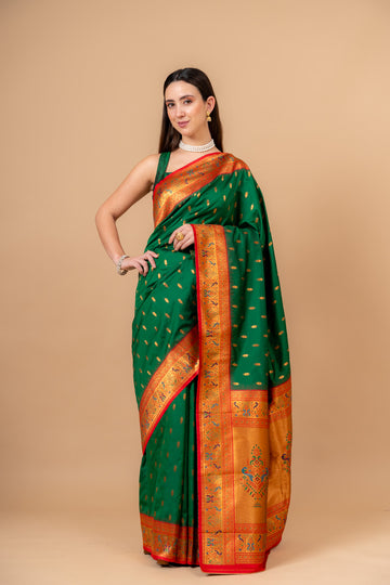 Regal Charm Bottle Green Banarasi Silk Saree With Unstitched Blouse