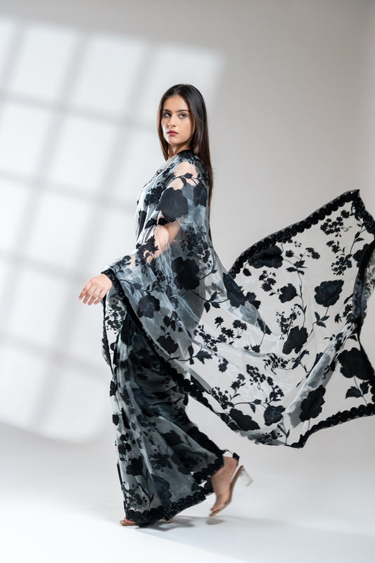 Grey Black Organza Embroidered Saree With Readymade Blouse