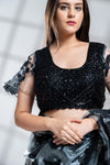 Grey Black Organza Embroidered Saree With Readymade Blouse