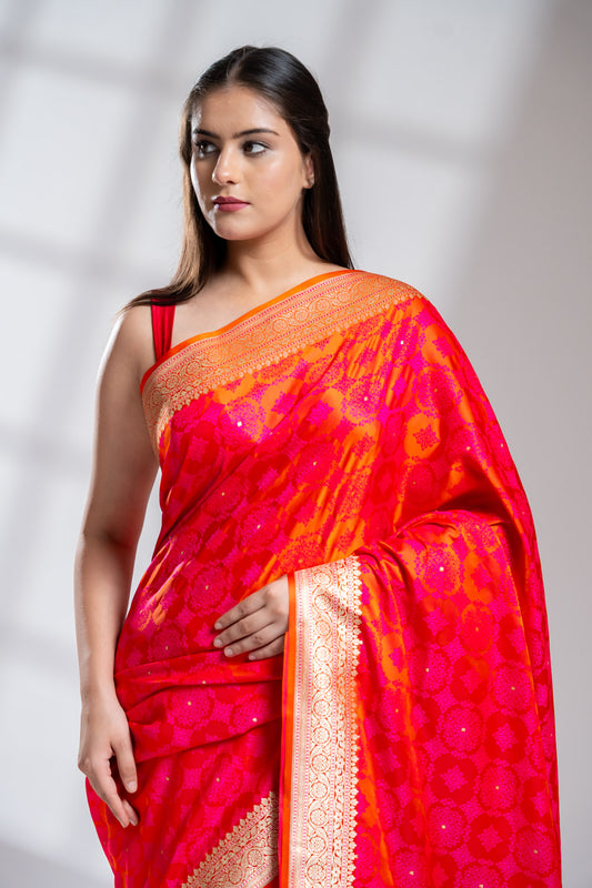 Orange Banarasi Silk Saree With Unstitched Blouse