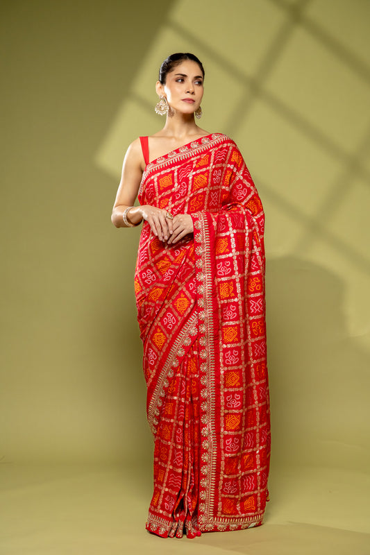 Rani Georgette Embroidered Saree With Unstitched Blouse