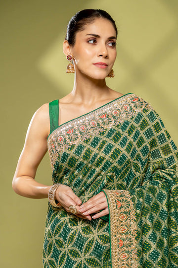 Bottle Green Khaddi Georgette Embroidered Saree With Unstitched Blouse