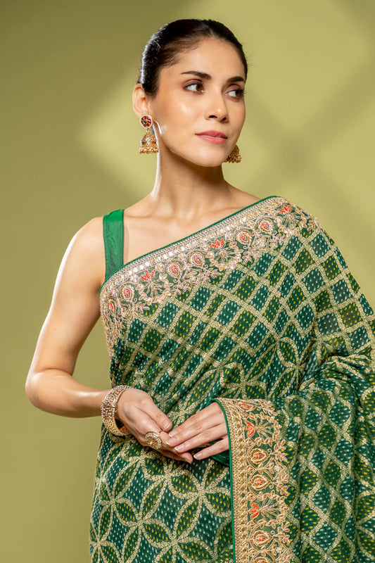 Bottle Green Khaddi Georgette Embroidered Saree With Unstitched Blouse