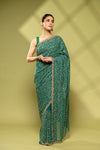 Rama Georgette Embroidered Saree With Unstitched Blouse