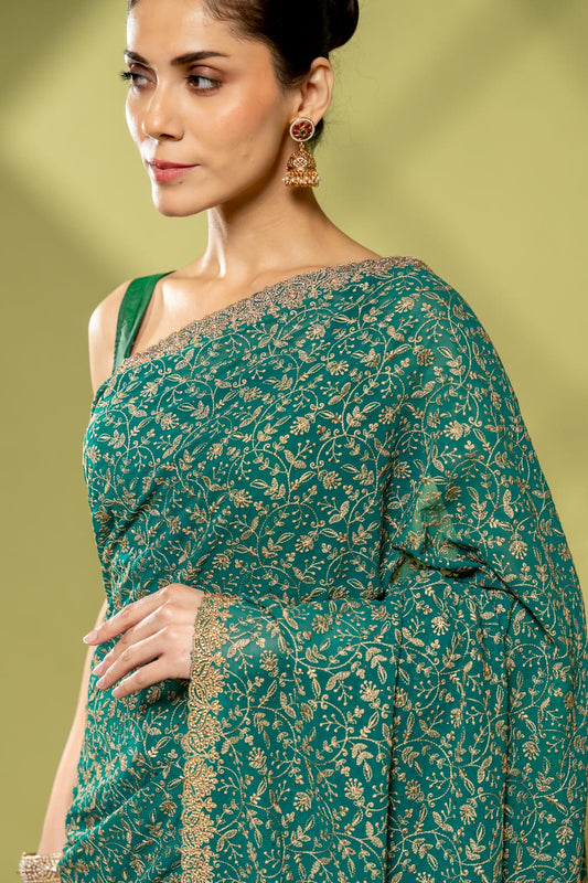 Rama Georgette Embroidered Saree With Unstitched Blouse