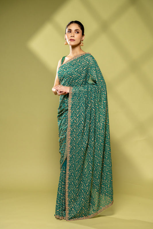 Rama Georgette Embroidered Saree With Unstitched Blouse
