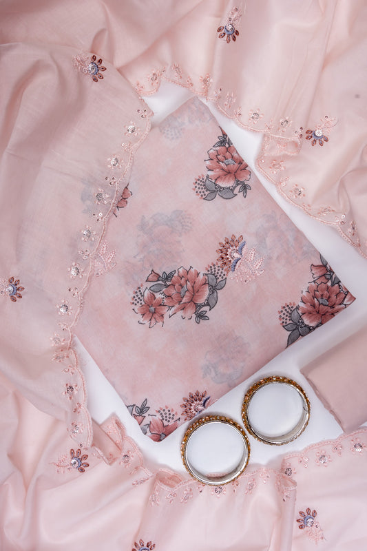 Peach Cotton Unstitched Salwar Suit With Cotton Dupatta