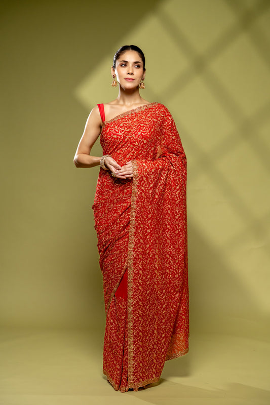 Red Georgette Embroidered Saree With Unstitched Blouse