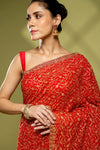 Red Georgette Embroidered Saree With Unstitched Blouse