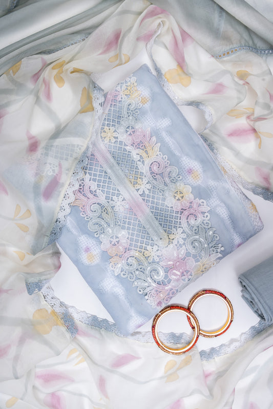 Grey Cotton Unstitched Salwar Suit With Chiffon Dupatta