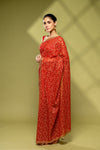 Red Georgette Embroidered Saree With Unstitched Blouse