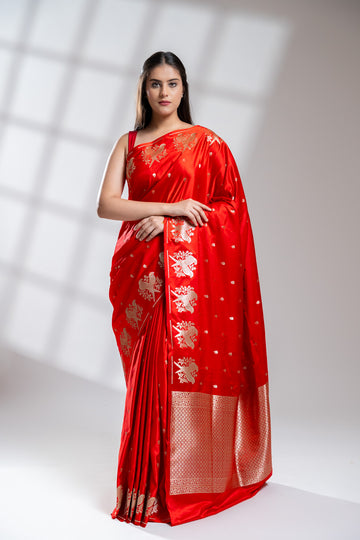 Red Khaddi Georgette Embroidered Saree With Unstitched Blouse