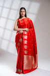 Red Banarasi Silk Saree With Unstitched Blouse