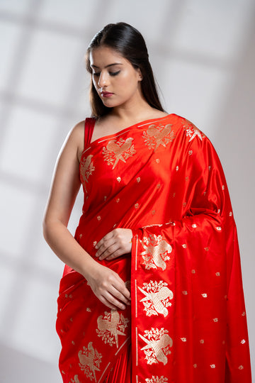 Red Banarasi Silk Saree With Unstitched Blouse