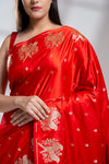 Red Khaddi Georgette Embroidered Saree With Unstitched Blouse