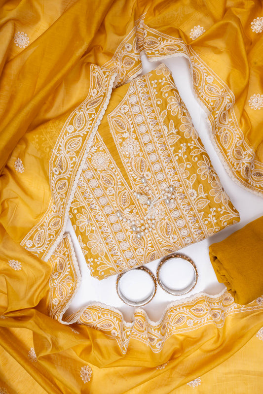 Lemon Gold Cotton Unstitched Salwar Suit With Cotton Dupatta