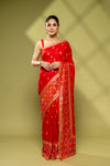 Red Cotton Embroidered Saree With Unstitched Blouse