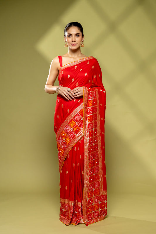 Red Cotton Embroidered Saree With Unstitched Blouse