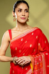 Red Cotton Embroidered Saree With Unstitched Blouse