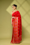 Red Cotton Embroidered Saree With Unstitched Blouse