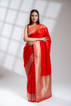 Red Banarasi Silk Saree With Unstitched Blouse