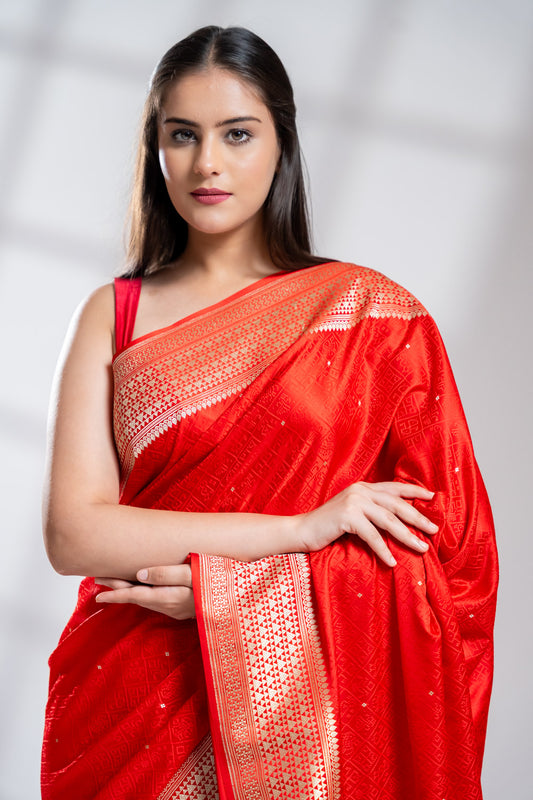 Red Banarasi Silk Saree With Unstitched Blouse