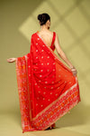 Red Cotton Embroidered Saree With Unstitched Blouse